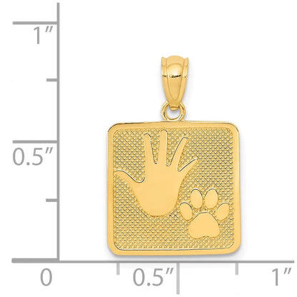 14K Gelbgold Gold Poliert Texturiert Hand- und Pfotenabdruck Quadratischer Anhänger