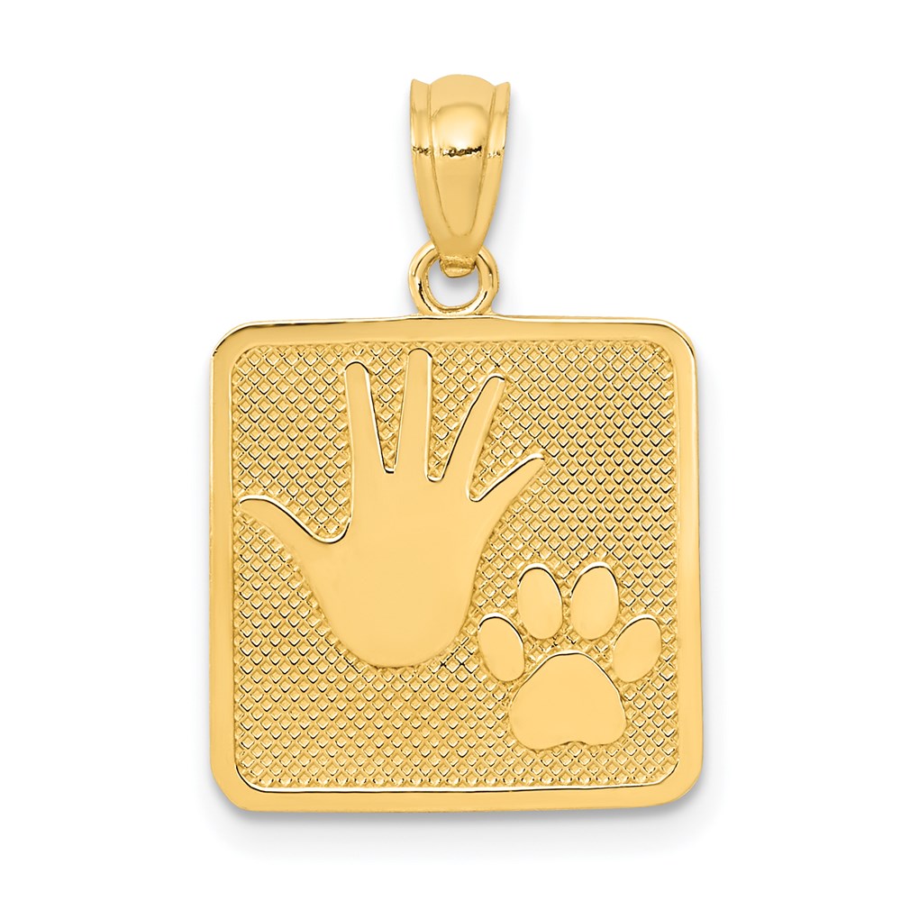 14K Gelbgold Gold Poliert Texturiert Hand- und Pfotenabdruck Quadratischer Anhänger