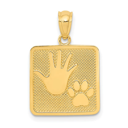 14K Gelbgold Gold Poliert Texturiert Hand- und Pfotenabdruck Quadratischer Anhänger