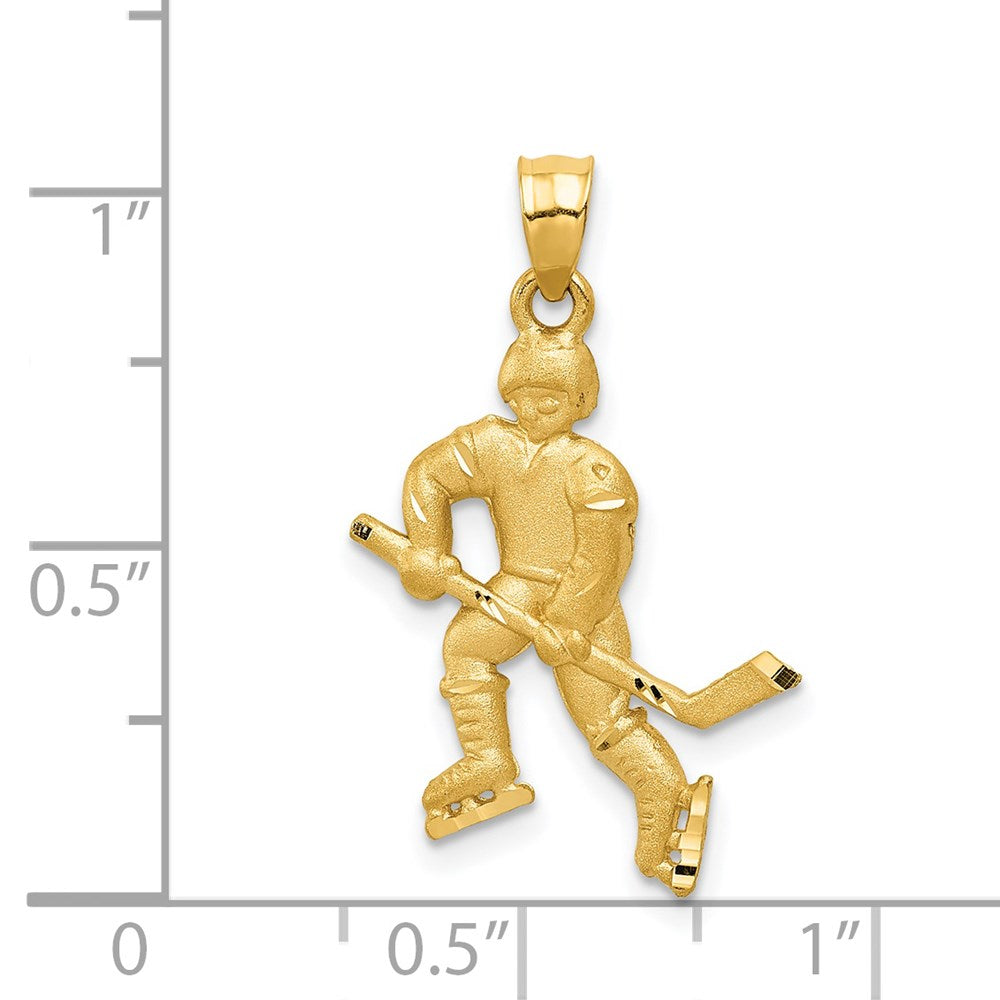 14K Gelbgold Satiniert Diamantiert Hockey Player Anhänger