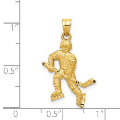 14K Gelbgold Satiniert Diamantiert Hockey Player Anhänger