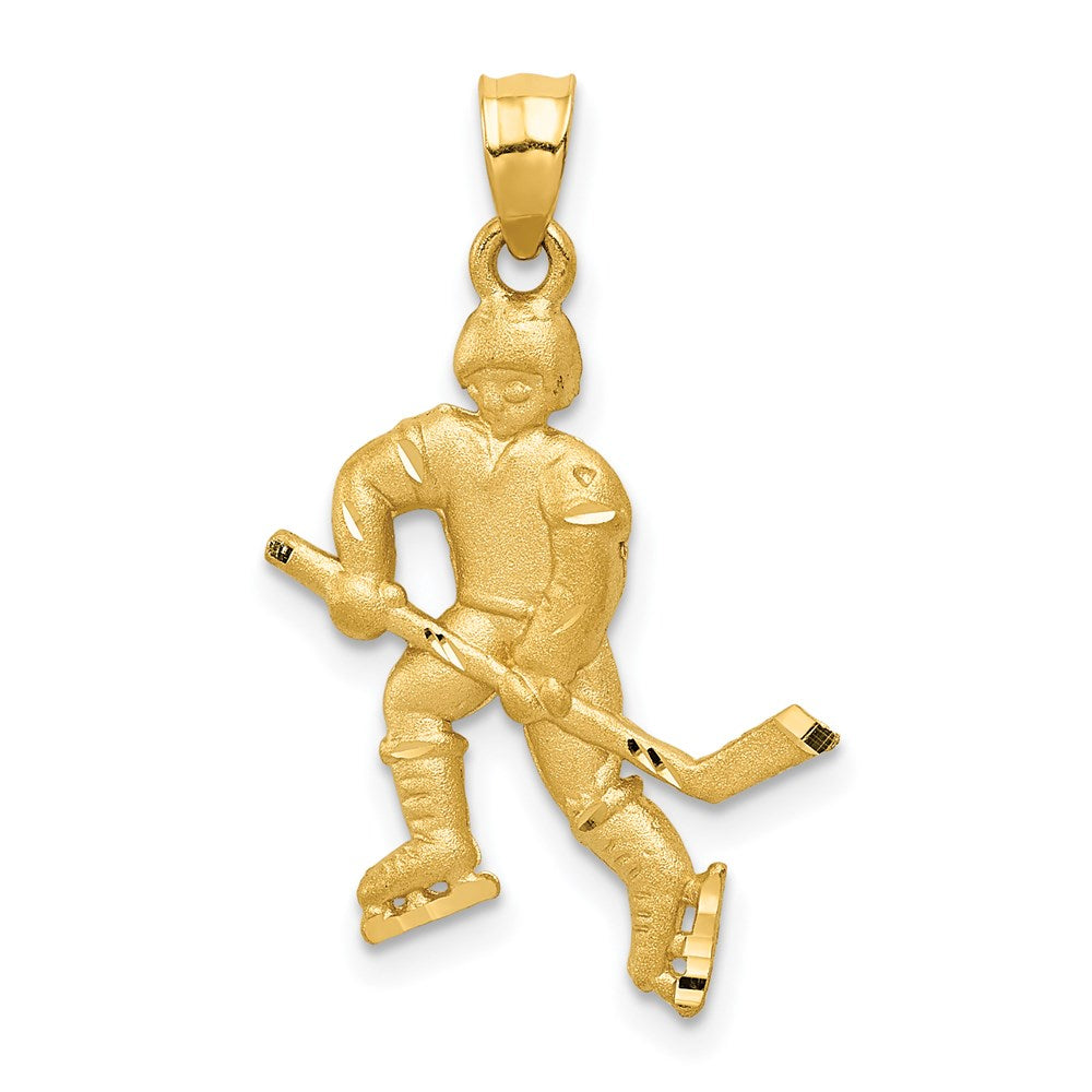 14K Gelbgold Satiniert Diamantiert Hockey Player Anhänger