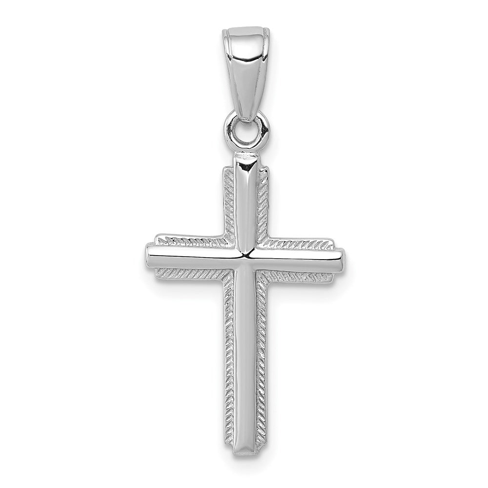 14K Weißgold Poliert Kreuz mit Striped Rand Anhänger
