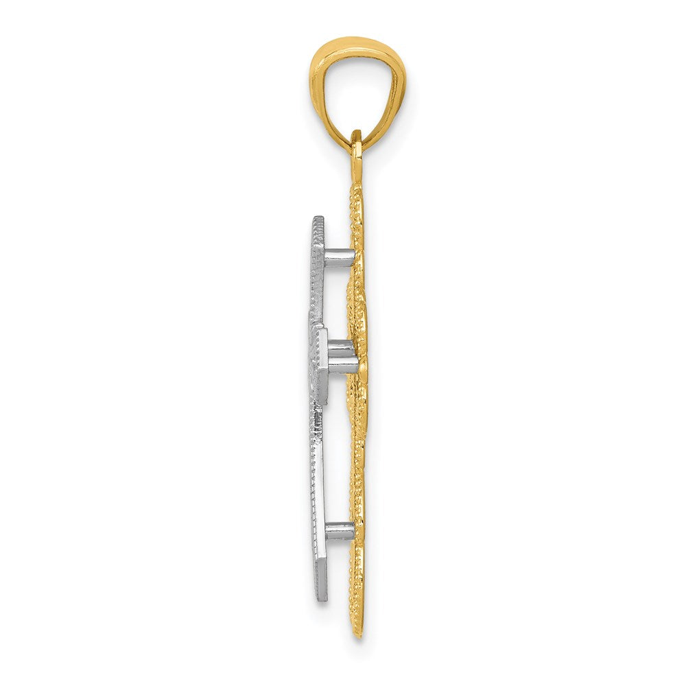 14K Bicolor Gold polierter zweistufiger Filigran-Kreuzanhänger