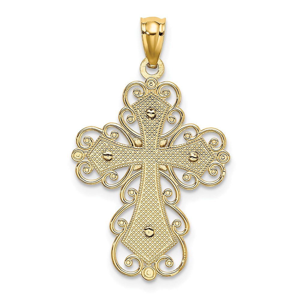 14K Bicolor Gold polierter zweistufiger Filigran-Kreuzanhänger