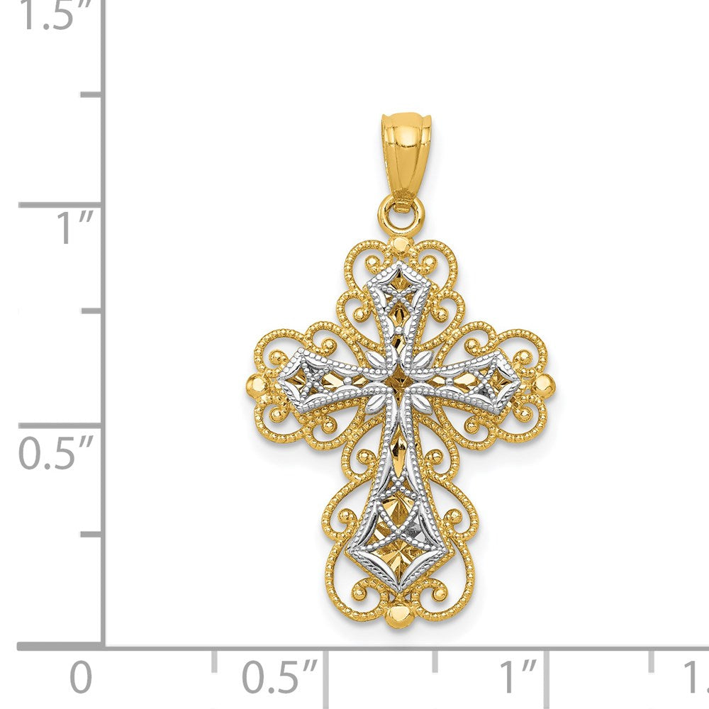 14K Bicolor Gold polierter zweistufiger Filigran-Kreuzanhänger