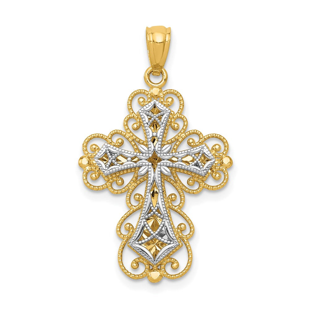 14K Bicolor Gold polierter zweistufiger Filigran-Kreuzanhänger