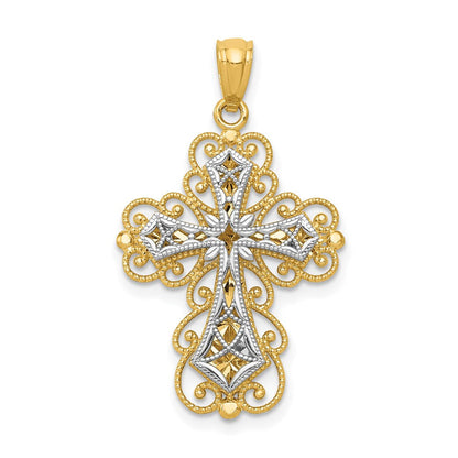 14K Bicolor Gold polierter zweistufiger Filigran-Kreuzanhänger