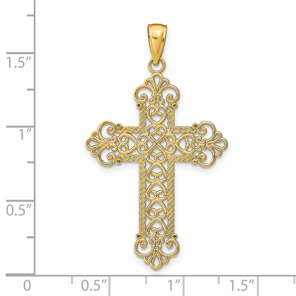 14K Gelbgold Polierter Großer Kordelrahmen Filigran-Kreuz-Anhänger