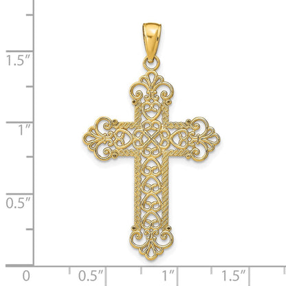 14K Gelbgold Polierter Großer Kordelrahmen Filigran-Kreuz-Anhänger