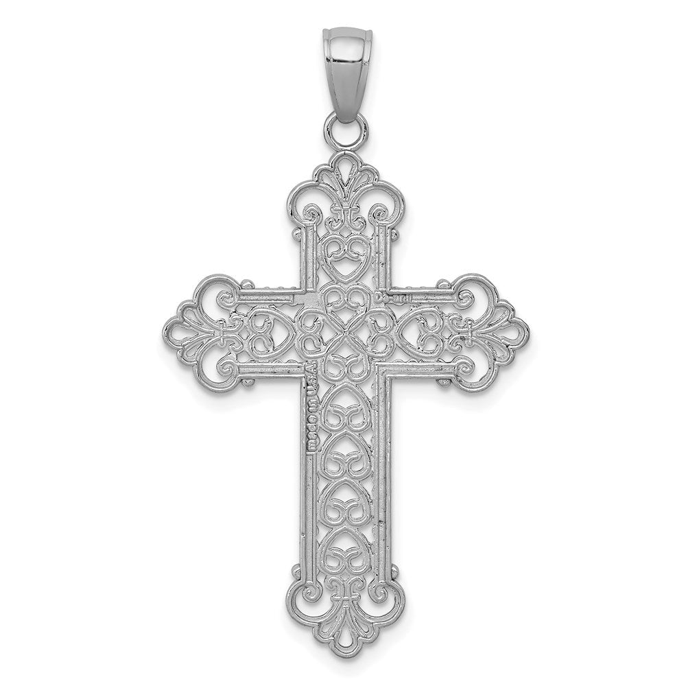 14K Weißgold Poliertes Großes Seil-Rahmen-Filigran-Kreuz-Anhänger