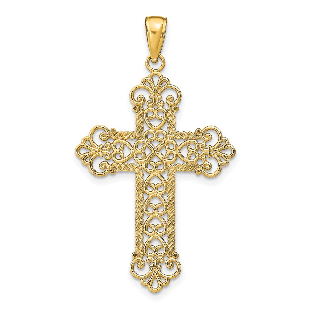 14K Gelbgold Polierter Großer Kordelrahmen Filigran-Kreuz-Anhänger