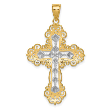 Kreuzanhänger aus 14K Gelb- und Rhodiumgold mit rhodinierter Politur und strukturiertem Diamantmuster