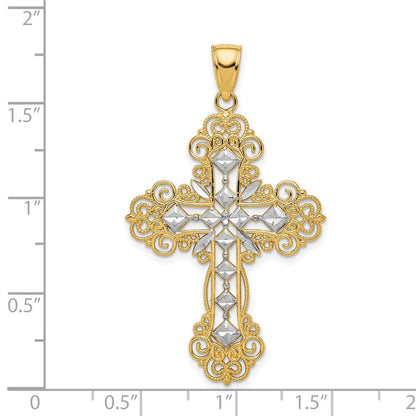 Kreuzanhänger aus 14K Gelb- und Rhodiumgold mit rhodinierter Politur und strukturiertem Diamantmuster