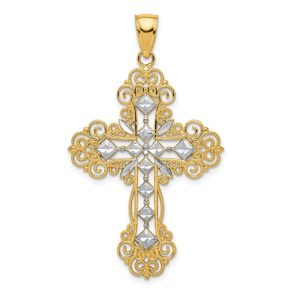 Kreuzanhänger aus 14K Gelb- und Rhodiumgold mit rhodinierter Politur und strukturiertem Diamantmuster