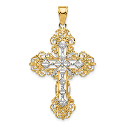 Kreuzanhänger aus 14K Gelb- und Rhodiumgold mit rhodinierter Politur und strukturiertem Diamantmuster