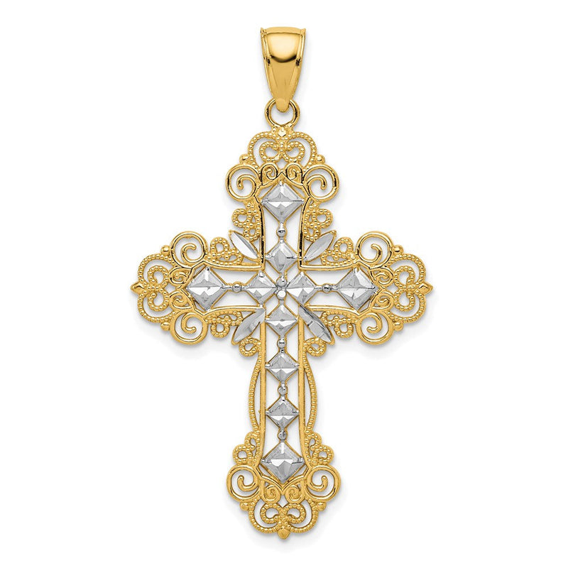Kreuzanhänger aus 14K Gelb- und Rhodiumgold mit rhodinierter Politur und strukturiertem Diamantmuster