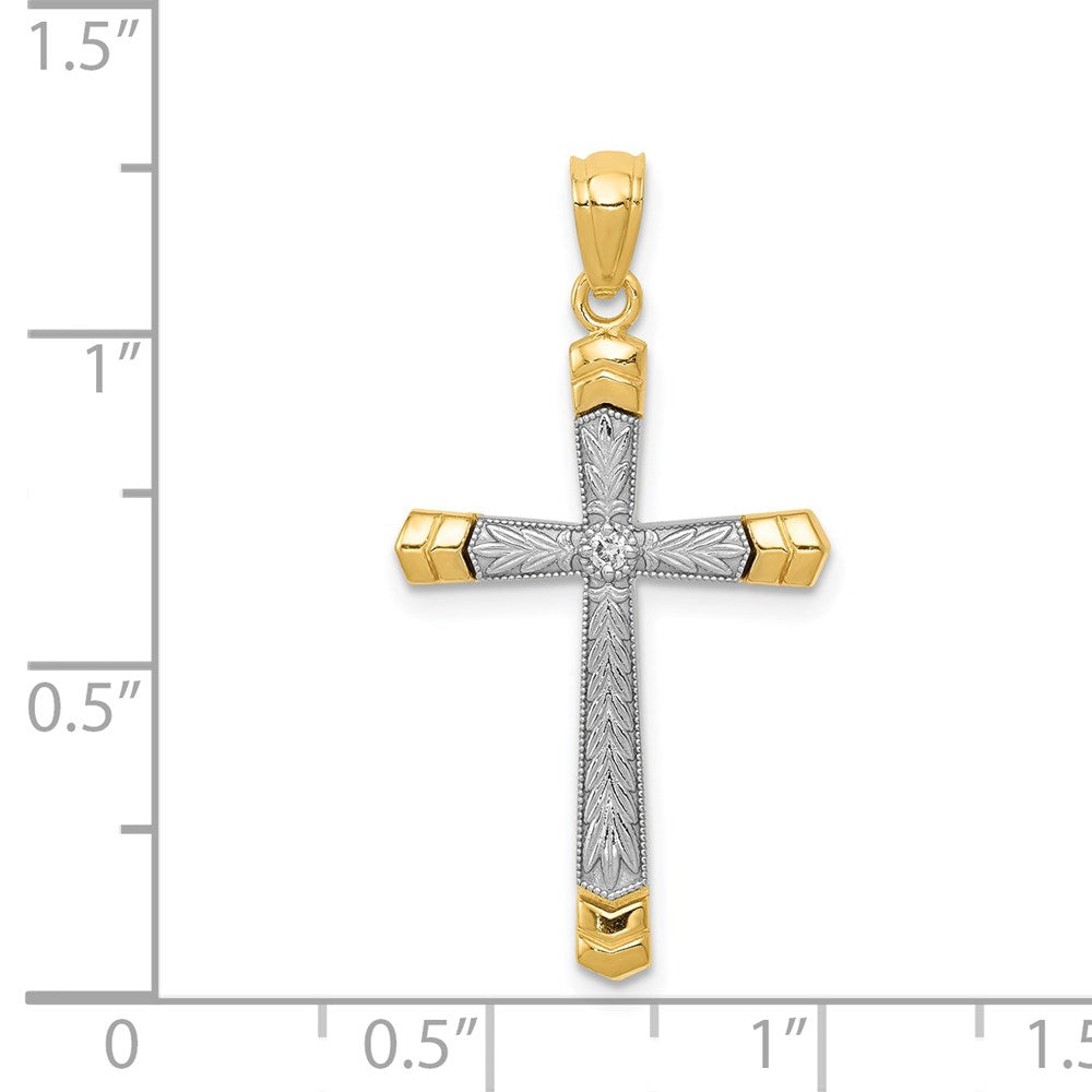14K Gelb-/Weißgold polierter DC-Kreuz-Anhänger mit 0,015 ct. Diamant