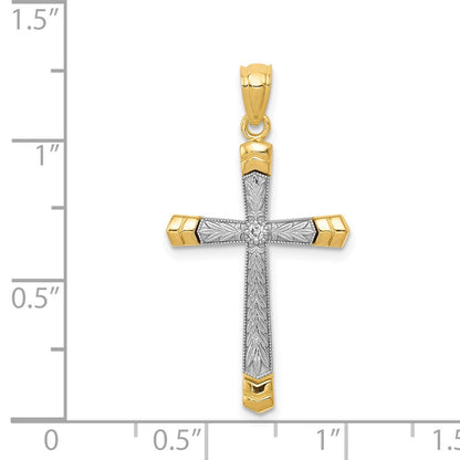 14K Gelb-/Weißgold polierter DC-Kreuz-Anhänger mit 0,015 ct. Diamant