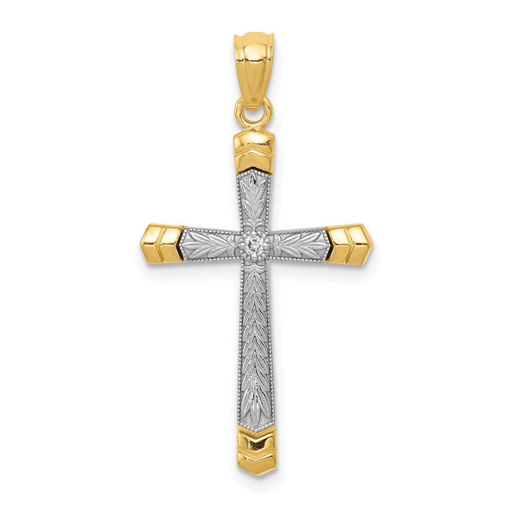 14K Gelb-/Weißgold polierter DC-Kreuz-Anhänger mit 0,015 ct. Diamant
