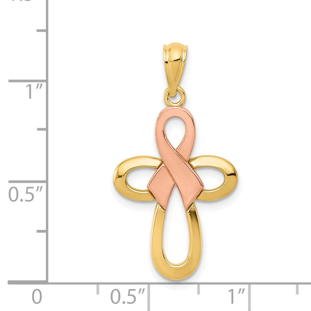 14K Bicolor Poliert Rosa Schleife Kreuz Anhänger