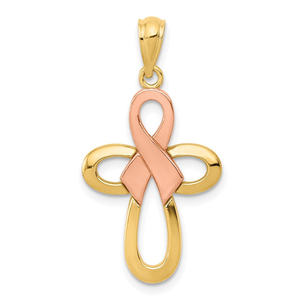 14K Bicolor Poliert Rosa Schleife Kreuz Anhänger