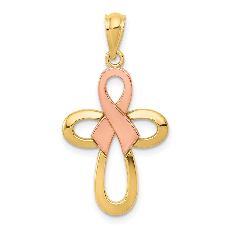 14K Bicolor Poliert Rosa Schleife Kreuz Anhänger