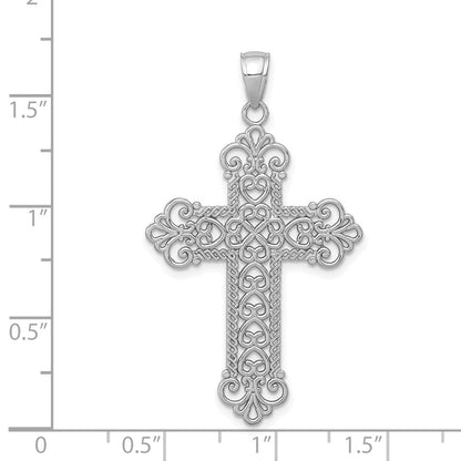 14K Weißgold Polierter Großer Filigran-Kreuzanhänger mit Kordelrahmen
