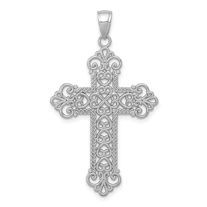 14K Weißgold Polierter Großer Filigran-Kreuzanhänger mit Kordelrahmen