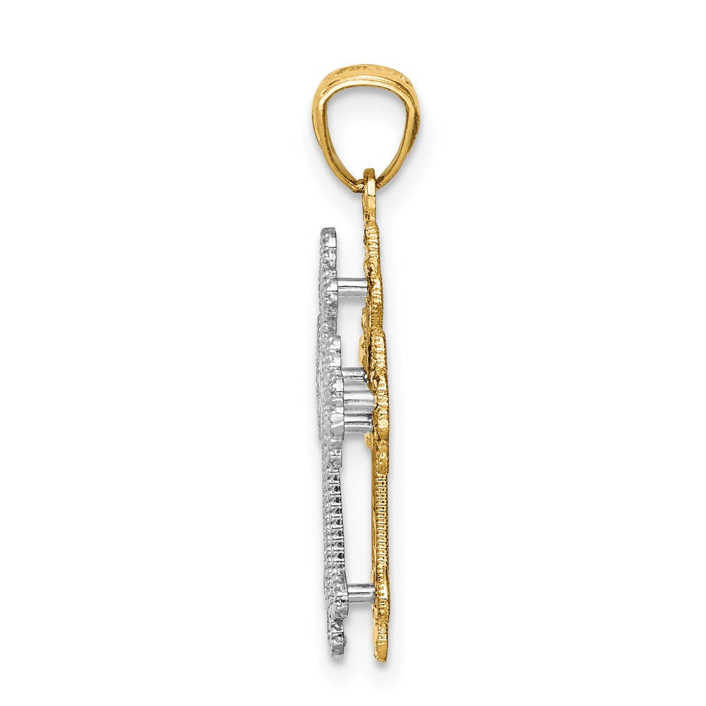 14K Bicolor-Gold Polierter Filigraner Zweistufiger Herz-Kreuz-Anhänger
