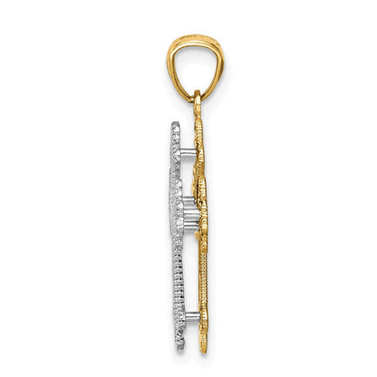 14K Bicolor-Gold Polierter Filigraner Zweistufiger Herz-Kreuz-Anhänger
