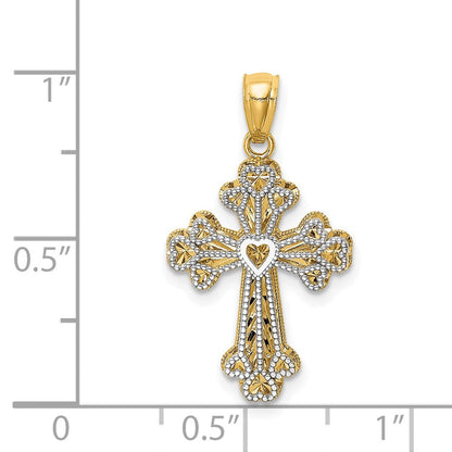 14K Bicolor-Gold Polierter Filigraner Zweistufiger Herz-Kreuz-Anhänger