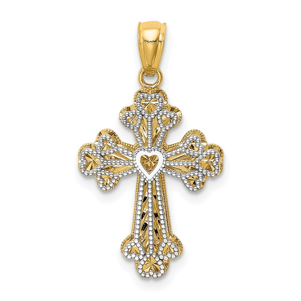 14K Bicolor-Gold Polierter Filigraner Zweistufiger Herz-Kreuz-Anhänger