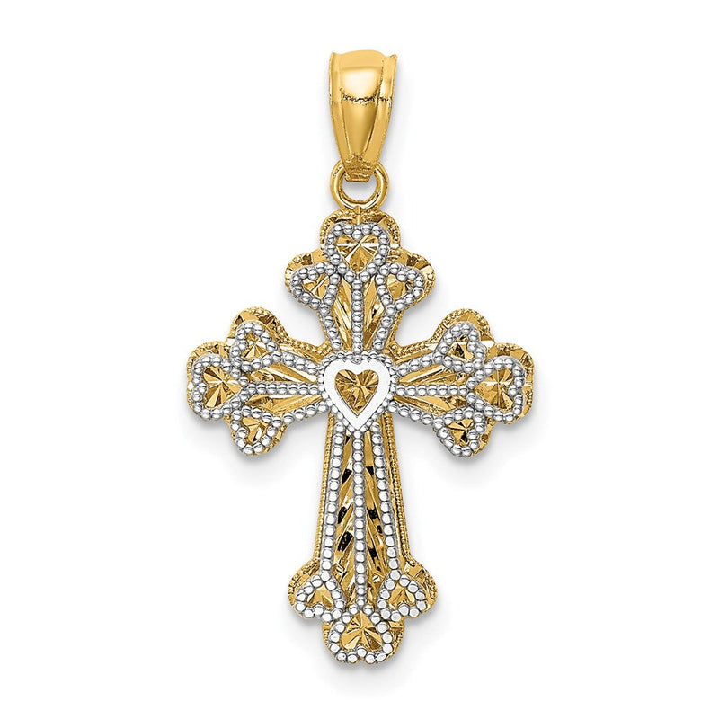 14K Bicolor-Gold Polierter Filigraner Zweistufiger Herz-Kreuz-Anhänger