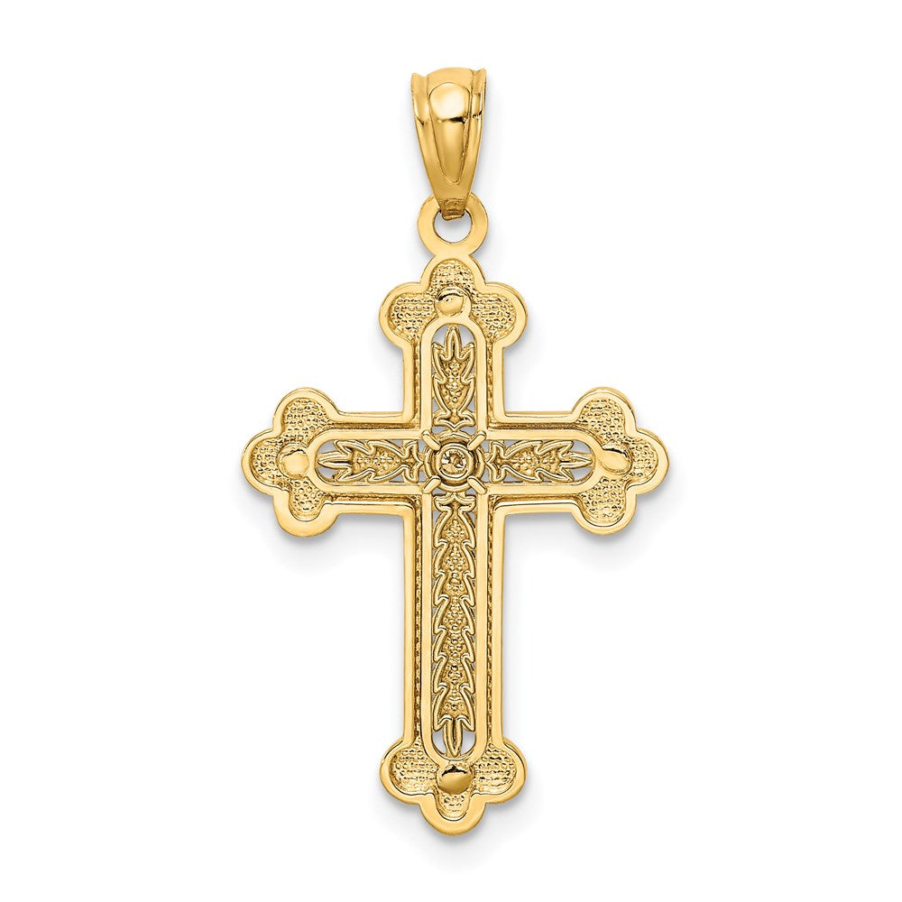14K Gelb-/Weißgold Kreuz-Anhänger mit Knospenenden, poliert, mit 0,015 ct. natürlichem Diamant