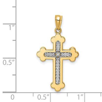14K Gelb-/Weißgold Kreuz-Anhänger mit Knospenenden, poliert, mit 0,015 ct. natürlichem Diamant