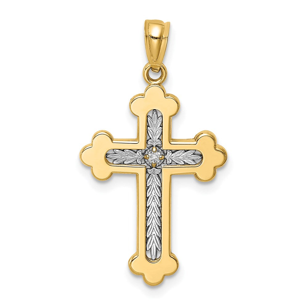 14K Gelb-/Weißgold Kreuz-Anhänger mit Knospenenden, poliert, mit 0,015 ct. natürlichem Diamant