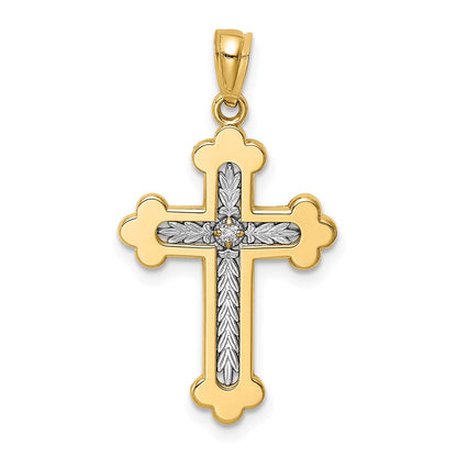 14K Gelb-/Weißgold Kreuz-Anhänger mit Knospenenden, poliert, mit 0,015 ct. natürlichem Diamant