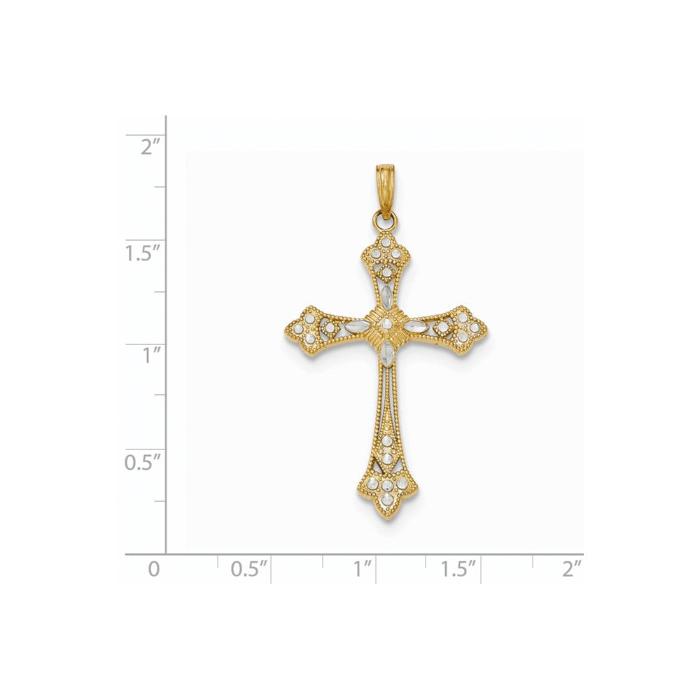 14K Gelb- und Rhodiumgold Rhodinierter Polierter Diamantgeschliffener Kreuzanhänger