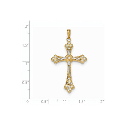 14K Gelb- und Rhodiumgold Rhodinierter Polierter Diamantgeschliffener Kreuzanhänger