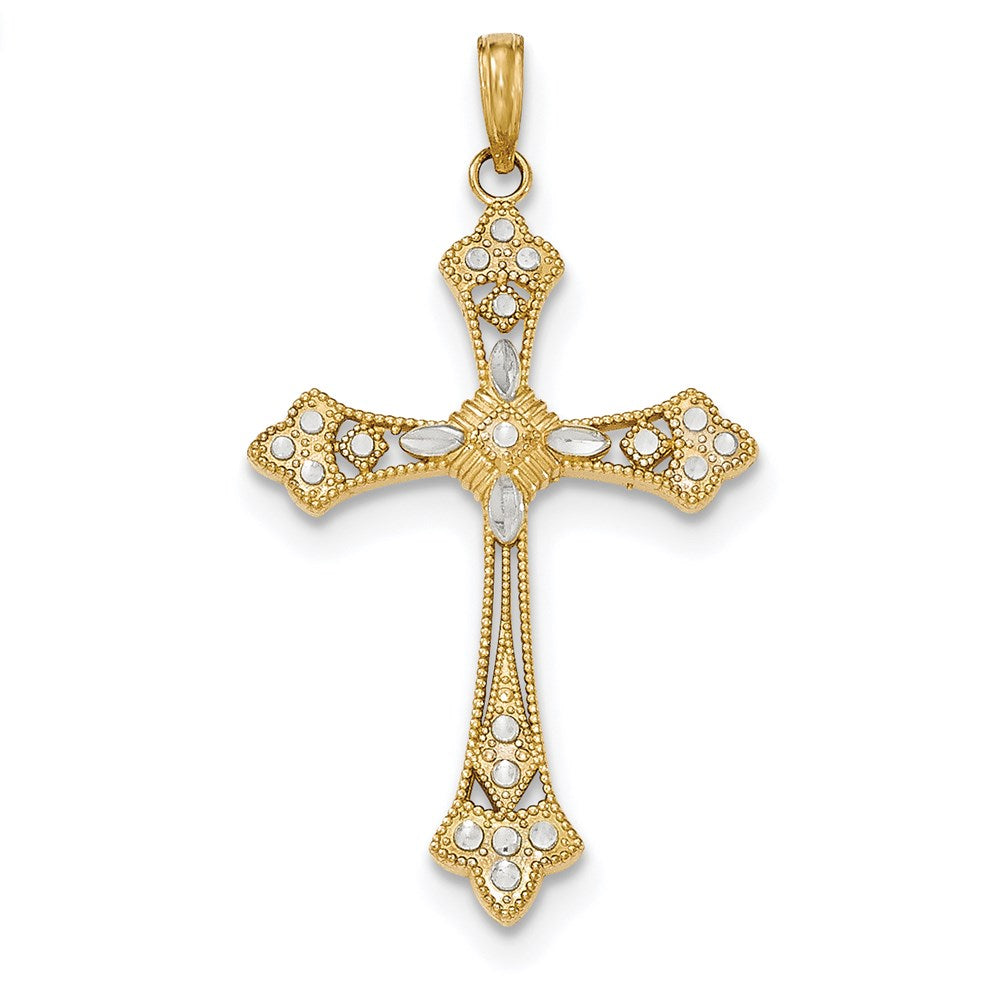 14K Gelb- und Rhodiumgold Rhodinierter Polierter Diamantgeschliffener Kreuzanhänger