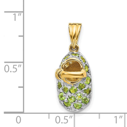 14 K Gelbgold und Rhodium mit Rhodiumbeschichtung, krappengefasster Peridot (August) Baby-Schuh-Charm