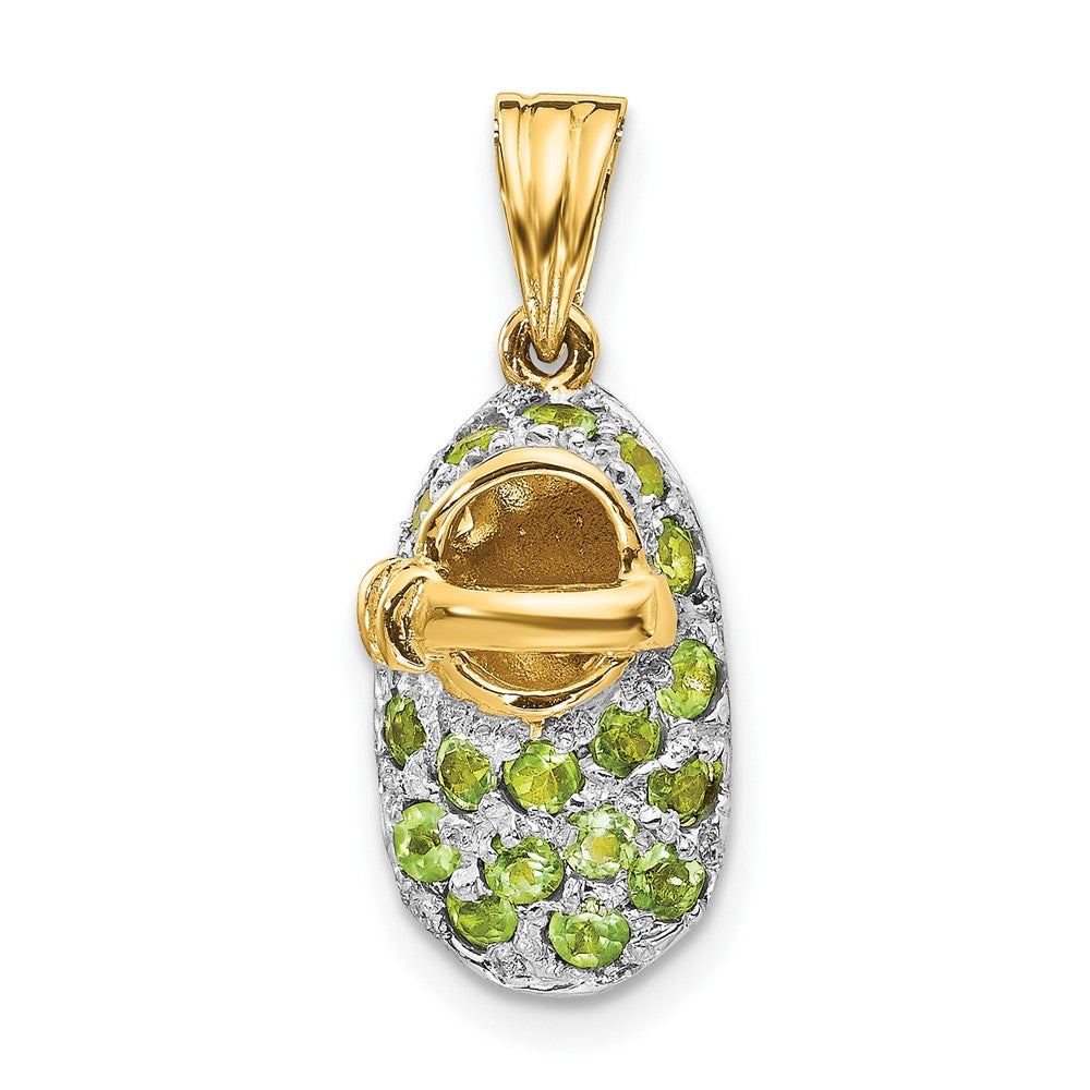14 K Gelbgold und Rhodium mit Rhodiumbeschichtung, krappengefasster Peridot (August) Baby-Schuh-Charm
