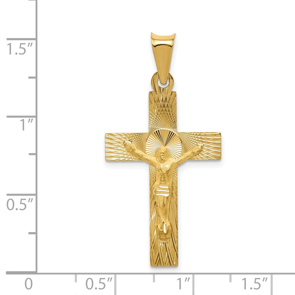 14K Gelbgold Polierter Satin- und Diamantgeschliffener Kruzifix-Anhänger