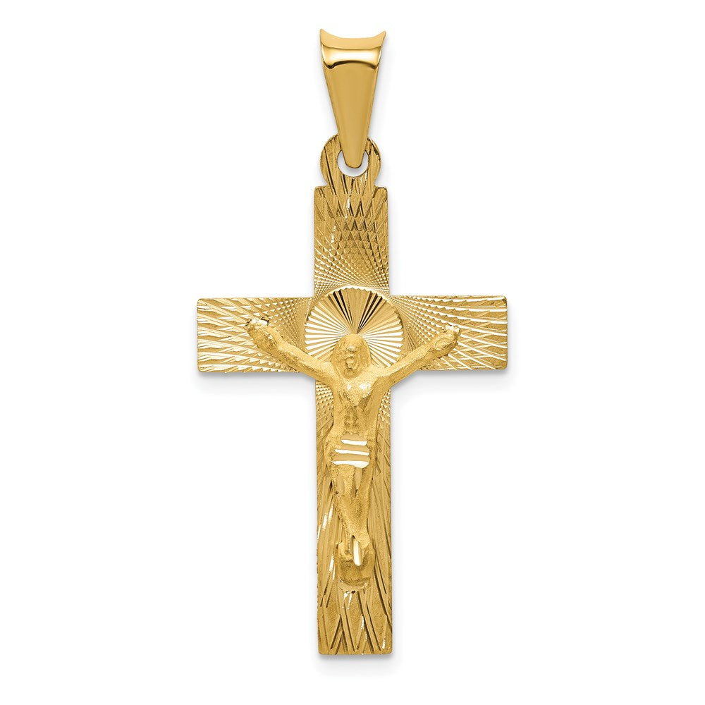 14K Gelbgold Polierter Satin- und Diamantgeschliffener Kruzifix-Anhänger