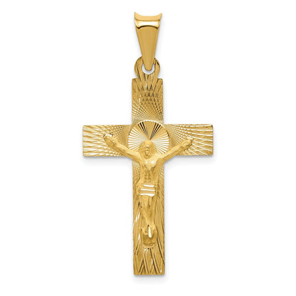 14K Gelbgold Polierter Satin- und Diamantgeschliffener Kruzifix-Anhänger