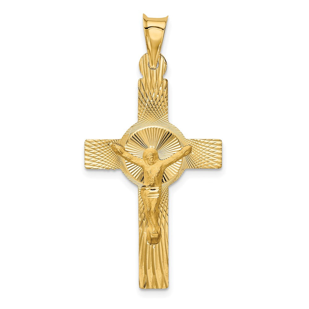 14 Karat Gelbgold Poliertes Satin- und Diamantgeschliffenes Kruzifix-Anhänger