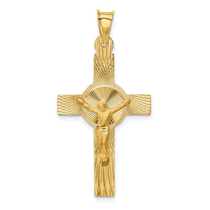 14 Karat Gelbgold Poliertes Satin- und Diamantgeschliffenes Kruzifix-Anhänger