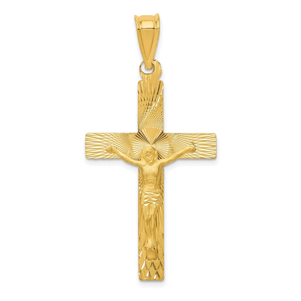 14K Gelbgold Polierter Satin- und Diamantgeschliffener Kruzifix-Anhänger