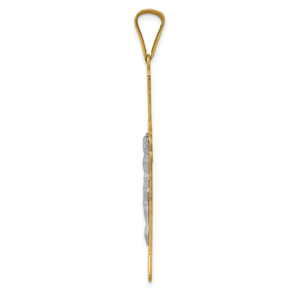 14K Bicolor-Gold Bicolor-Gold Polierter Satin Diamantiert Kruzifix Kreuz Anhänger
